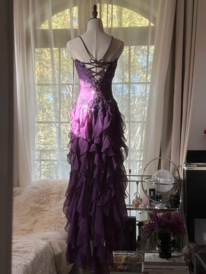 Purple Chiffon Vintage Evening Dresses, Sleeveless Long Party Gowns  cg25502