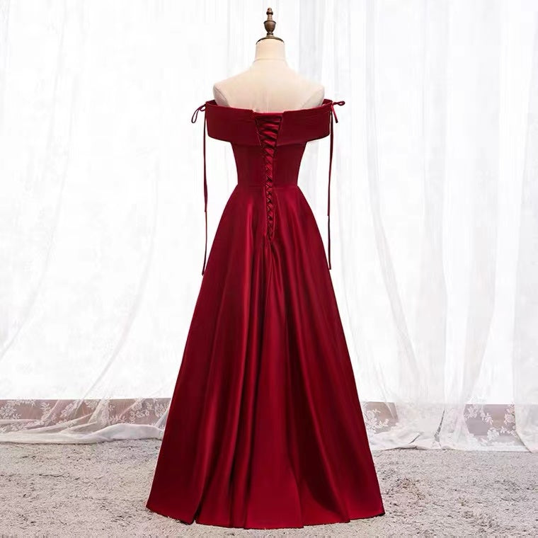 A-Line Burgundy Satin Off the Shoulder Prom Dress    cg19183
