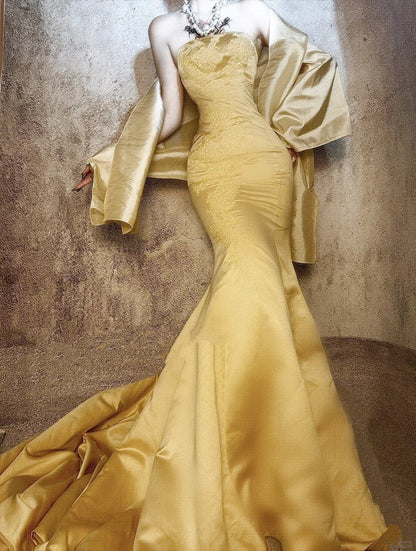 Yellow gorgeous exquisite beaded long satin ball gown evening dress party dress gh4499