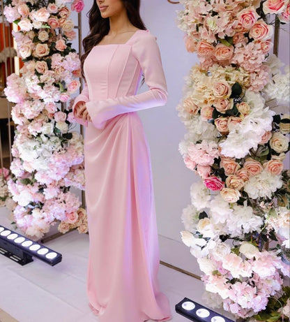 Classy Pink Square Neckline Evening Dress with Long Sleeves   fg7554