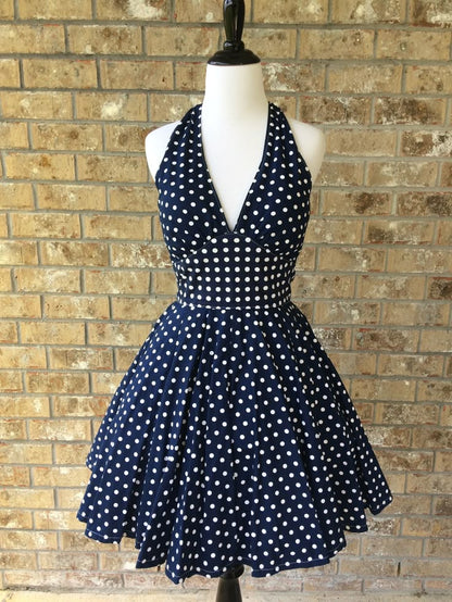 A Line Navy Polka Dots Homecoming Dress Short Evening Dress Cocktail Dresses Short Party Dress   fg7945