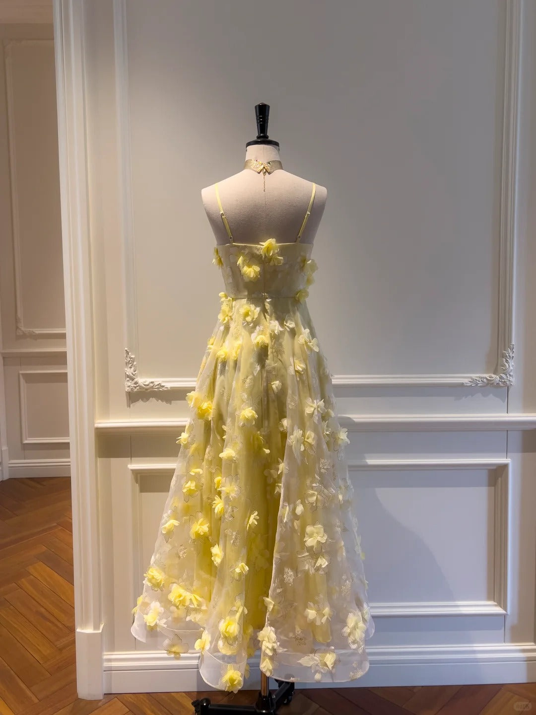 Yellow Floral Spaghetti Strap Chiffon Party Dress gh4948