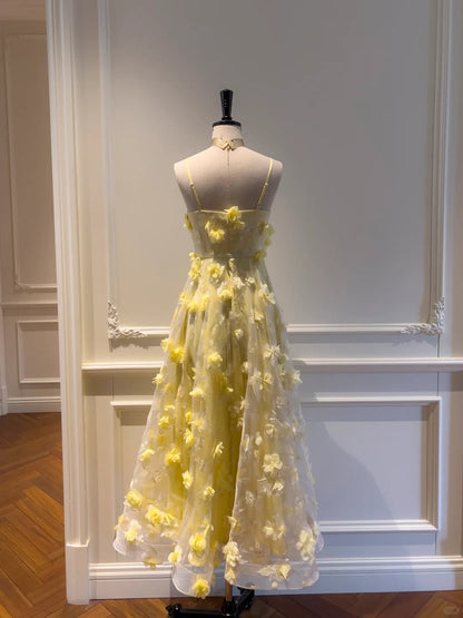 Yellow Floral Spaghetti Strap Chiffon Party Dress gh4948
