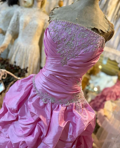 preppydressess-Pink Applique Vintage Elegant Long Satin Ball Gown Evening Dress Party Dress gh5046