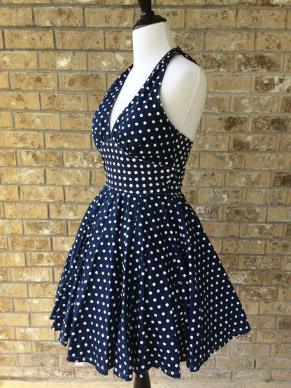 A Line Navy Polka Dots Homecoming Dress Short Evening Dress Cocktail Dresses Short Party Dress   fg7945