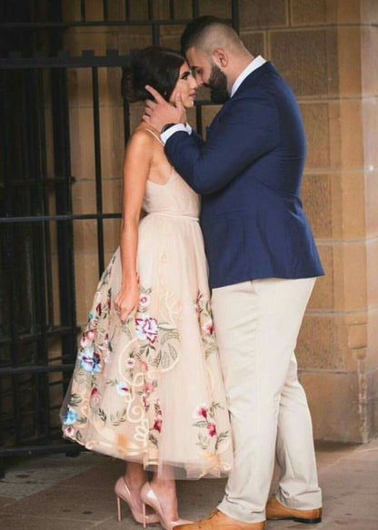 Champagne tulle dress, spaghetti knee length appliques homecoming dress, 3D butterfly cocktail dress cg1532