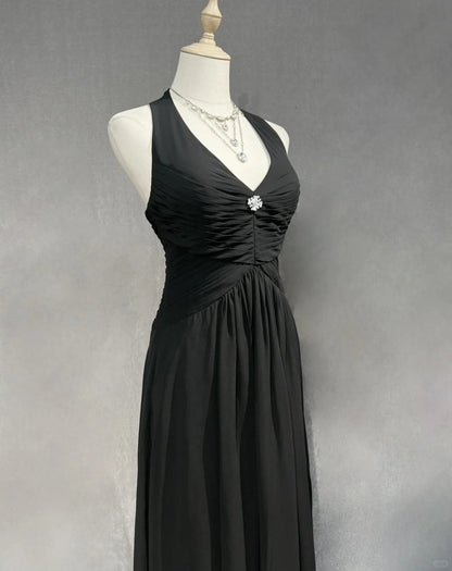 Black Retro Simple Fashion Elegant Exquisite Rhinestone Suspender Long Tulle Floor-Length Prom Dress Evening Dress Prom Dress Party Dress Bridesmaid Dress gh3858