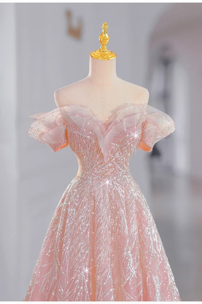 Pink gorgeous shiny dreamy elegant fashion exquisite beaded long floor-length trailing tulle ball gown evening dress gh4000