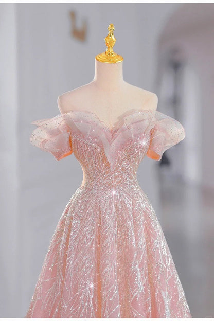 Pink gorgeous shiny dreamy elegant fashion exquisite beaded long floor-length trailing tulle ball gown evening dress gh4000