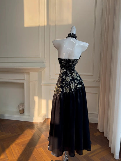 Black/White Vintage Long Satin Prom Dress Birthday Party Dress Evening Dress gh4410