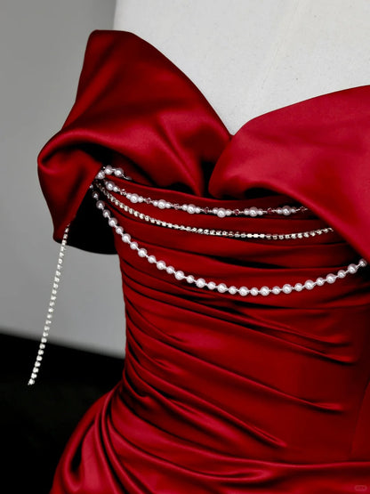 preppydressess -Red pearl beaded long satin prom dress evening dress party dress gh5114