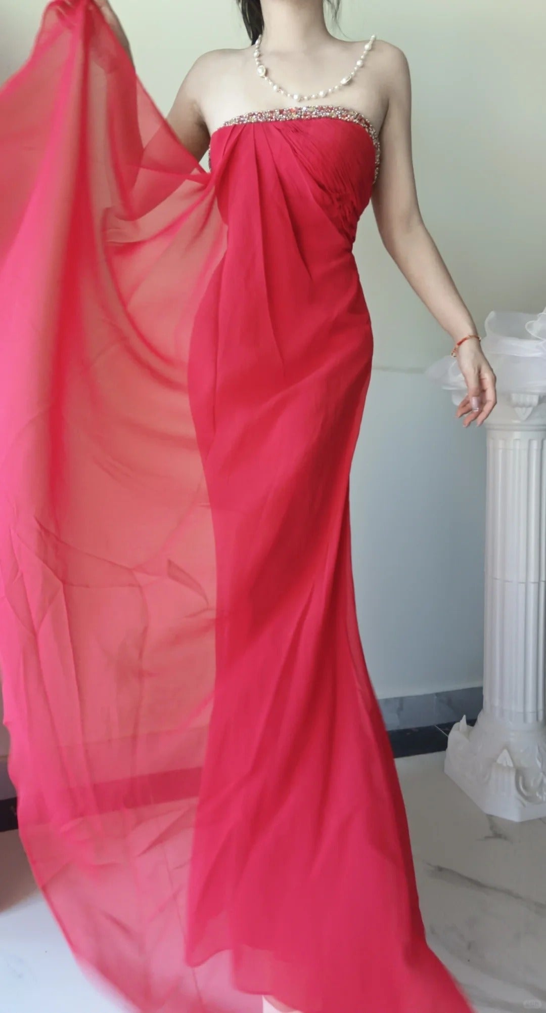 Pink Flowing Beading Elegant Long Chiffon Venus Ball Gown Evening Dress Party Dress gh4709