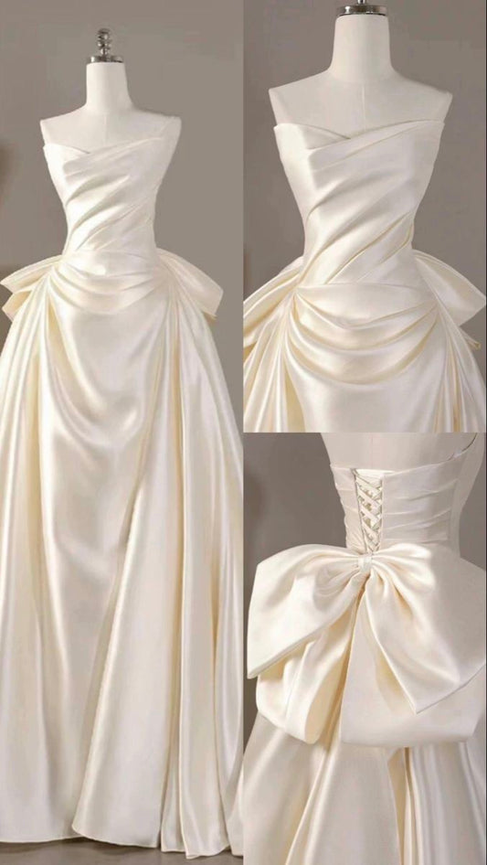 Ivory Satin Strapless Pleats Bow Wedding Dress Long Bridal Gowns  cg25692