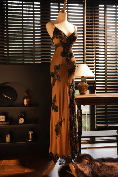 Sexy V Neck Lace Vintage Evening Dresses, Sleeveless Long Party Gowns  cg25505