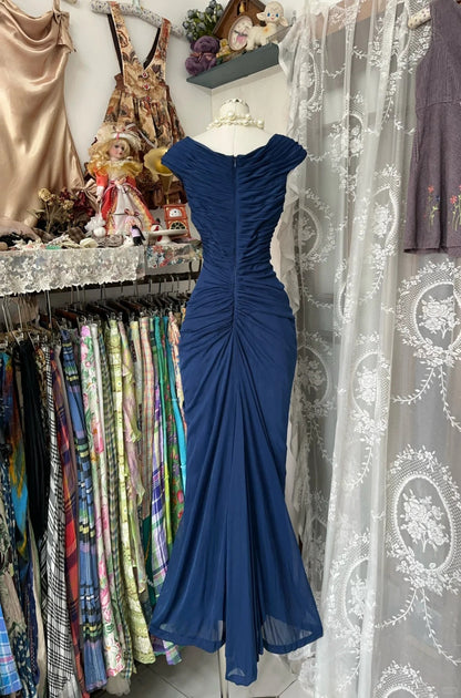 Navy Blue Mermaid Pleats Vintage Prom Dress Long Evening Dress   fg8038