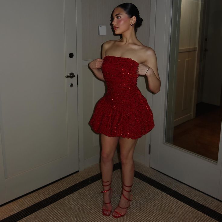 A Line Red Sequin Birthday Outfit Short Evening Dress Short Party Dress Homecoming Dress  fg8053