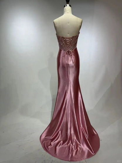 Pink Gorgeous Elegant Exquisite Beading Long Sequin Satin Slit Floor Length Ball Gown Evening Gown Party Dress gh4135