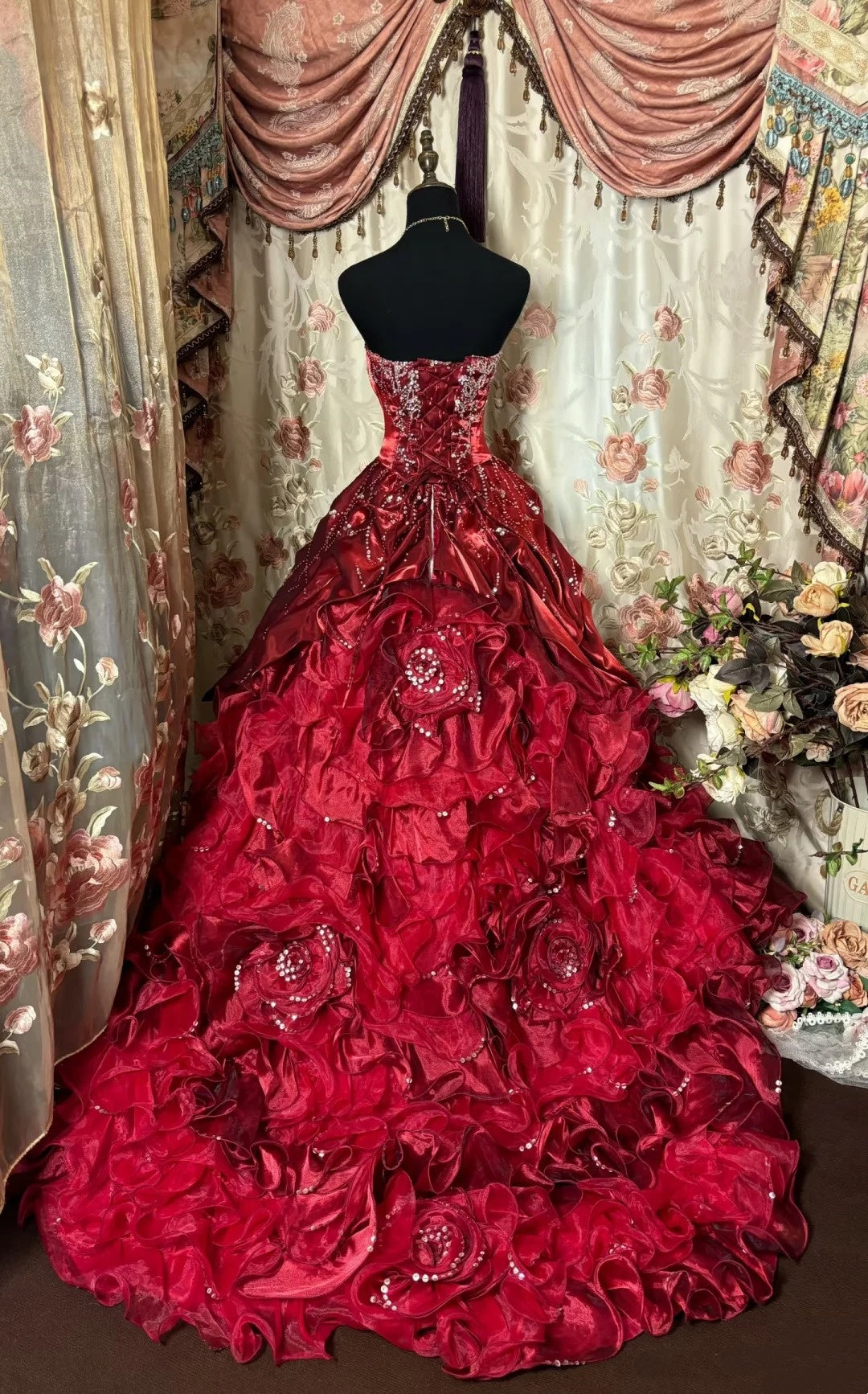 Red gorgeous beaded long satin tulle ball gown evening dress gh4826