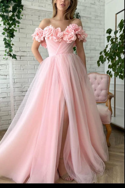 Pink Floral Prom Dresses, Off The Shoulder Evening Gown, Tulle Long Prom Dress  fg4679