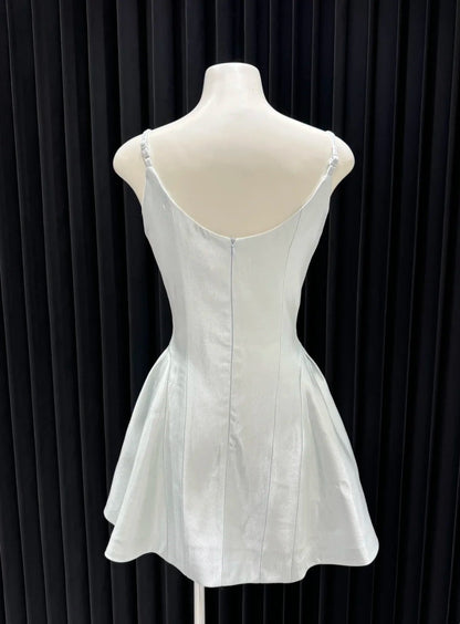 Ice blue floral satin short back to school dress, birthday party dress gh4648