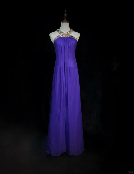 Purple Vintage Fashion Elegant Exquisite Gem Rhinestone Beading Long Floor Length Tulle Ball Gown Evening Dress Party Dress Prom Dress gh3863