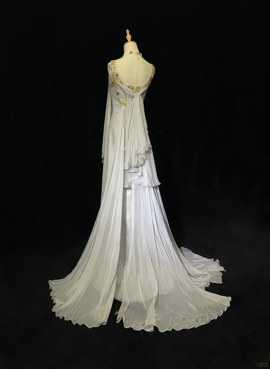White Vintage Ancient Greek Goddess Gorgeous Sparkling Elegant Exquisite Gold Rhinestone Beads Tulle Long Mermaid Floor Length Trail Slim Fairy Ball Gown Evening Gown Party Dress Prom Gown gh3852