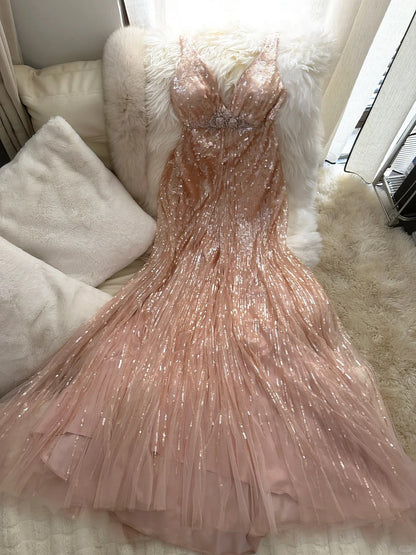 Pink Gorgeous Shiny Exquisite Beaded Spaghetti Strap V-Neck Long Sequin Chiffon Ball Gown Evening Gown Party Dress gh4094