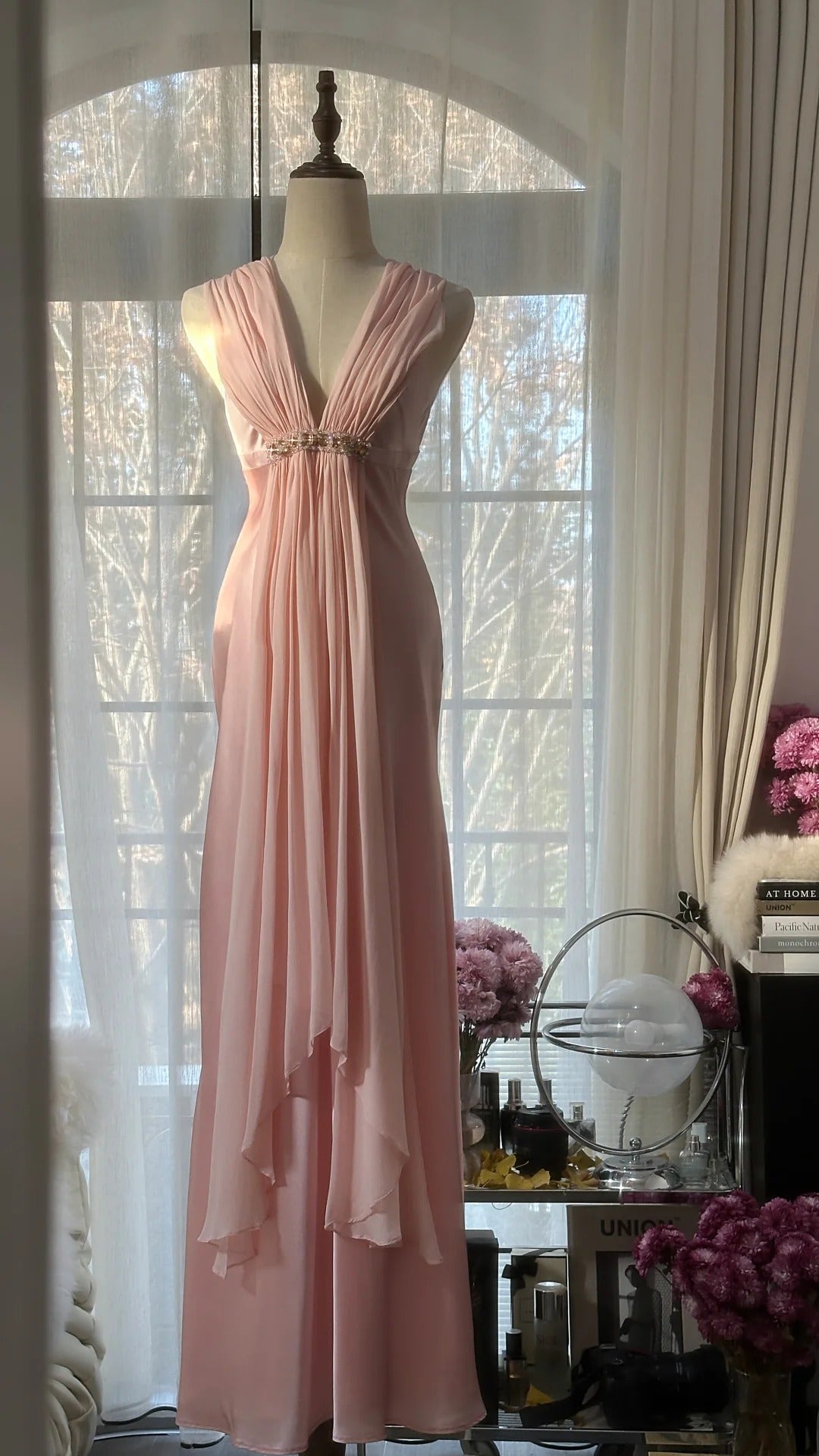 Pink Elegant Exquisite Rhinestone Long Satin Chiffon Ball Gown Evening Dress Party Dress Birthday Dress Date Dress gh4163