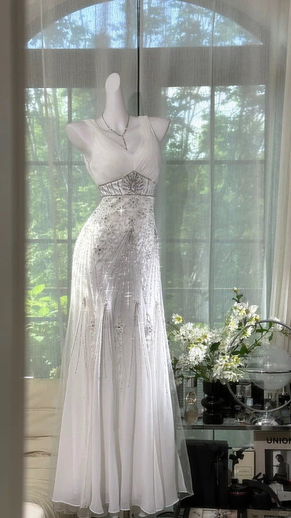 White exquisite beaded long fairy chiffon Prom Dress evening dress party dress gh5077