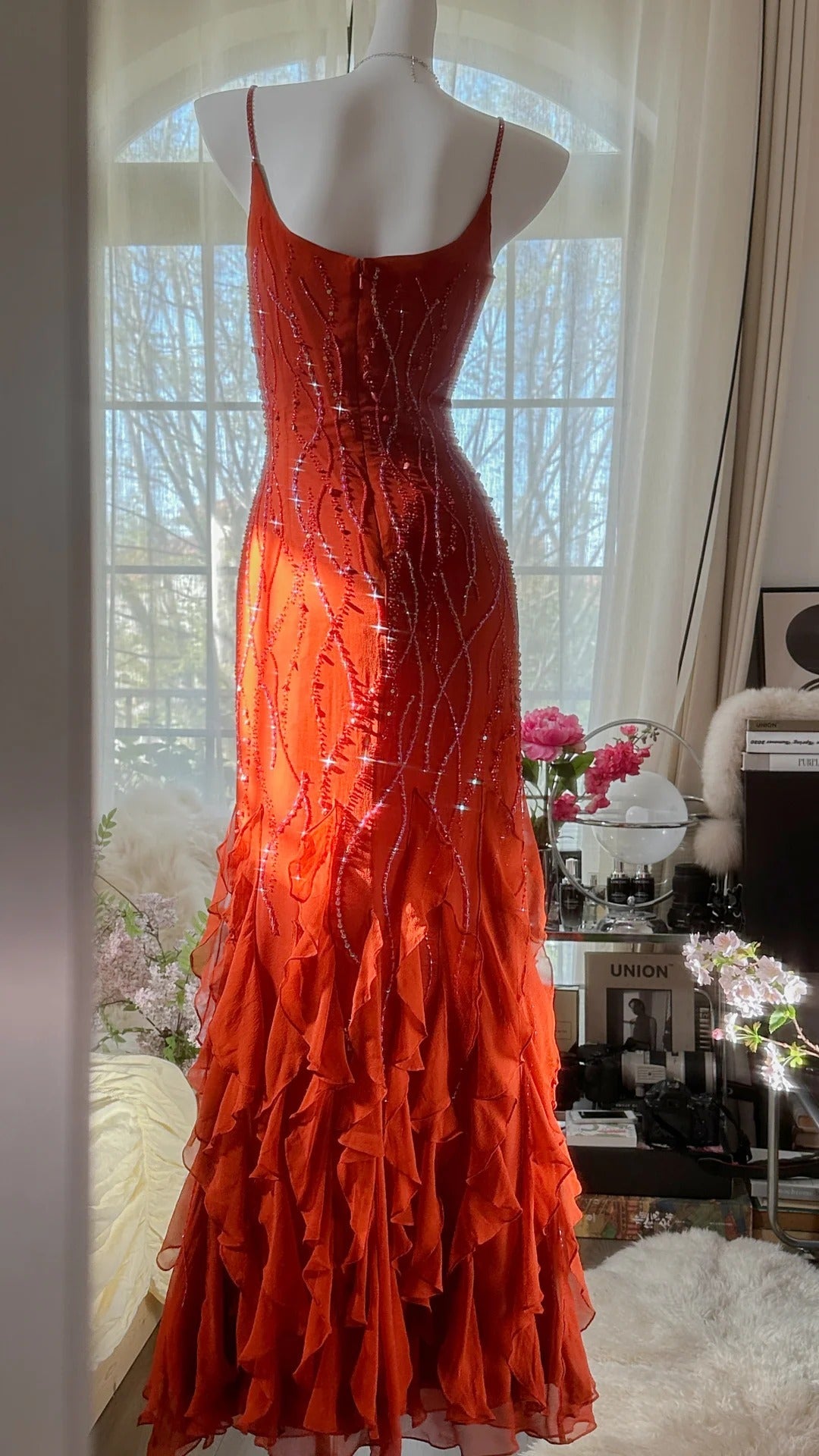 Orange Beautiful Charming Fashion Elegant Shiny Exquisite Beaded Long Chiffon Ball Gown Evening Gown Birthday Party Gown Prom Gown Graduation Gown gh3947