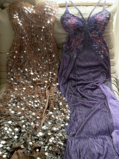 Purple Shiny Gorgeous Luxury Sequin Heavy Spaghetti Strap Long Butterfly Decoration Sequin Chiffon Ball Gown Evening Gown Party Dress gh4175