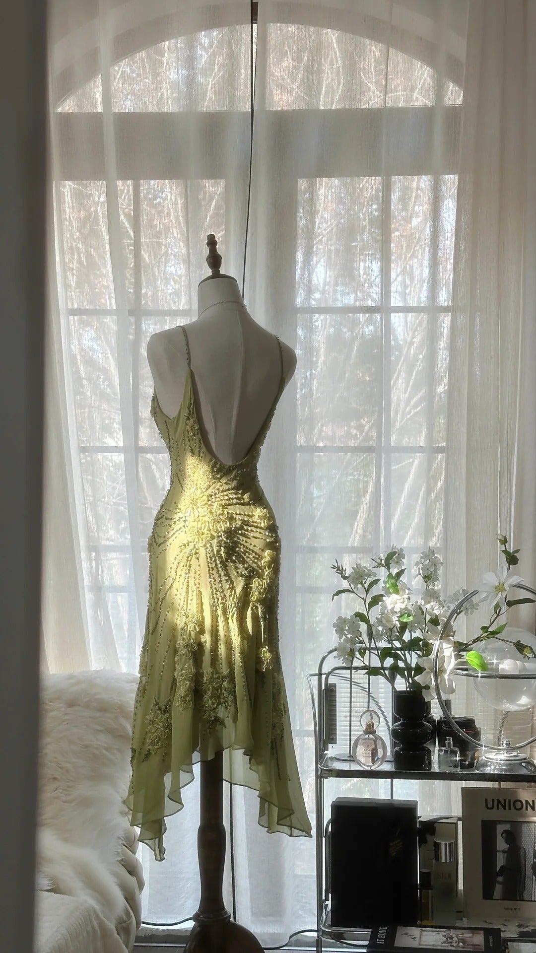 Green Romantic Fashion Elegant Delicate Floral Appliqué Beaded Spaghetti Straps Midi/Short Chiffon Ruffle Ball Gown Evening Gown Party Gown gh4060