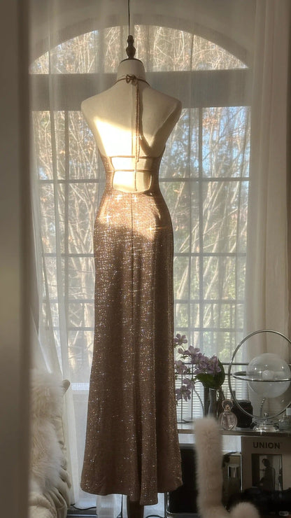Champagne Gorgeous Shiny Exquisite Beaded Spaghetti Straps V Neck Long Sequined Chiffon Ball Gown Evening Dress Party Dress gh4095