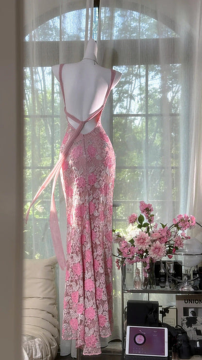 Pink floral vintage beaded lace long prom dress evening dress party dress gh4819