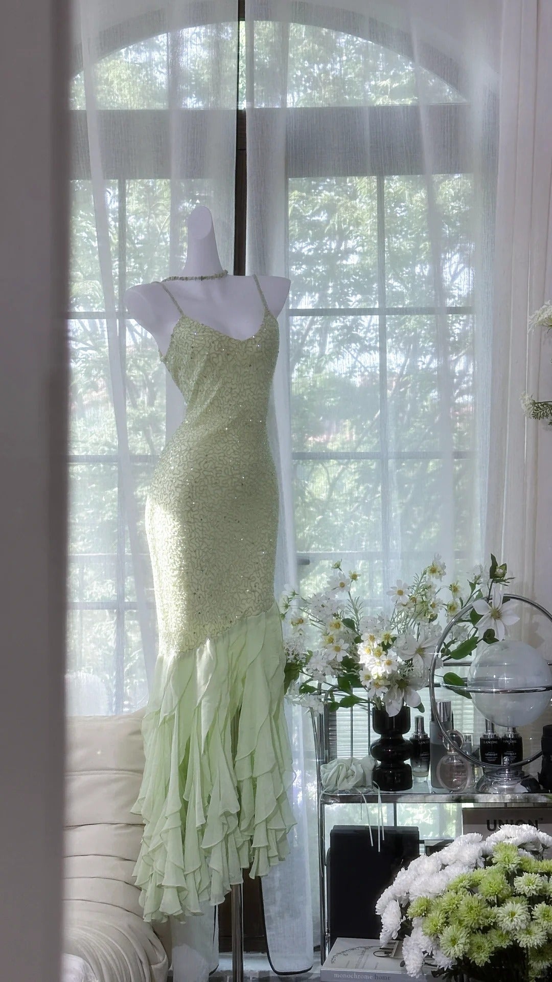 Green shiny ruffle long sequined ball gown evening dress party dress gh4319