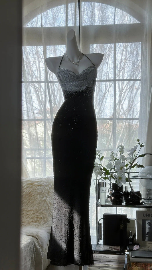 Black Silver Gorgeous Shiny Fashion Gradient Suspender Long Sequin Prom Dress Evening Dress Party Dress gh4004