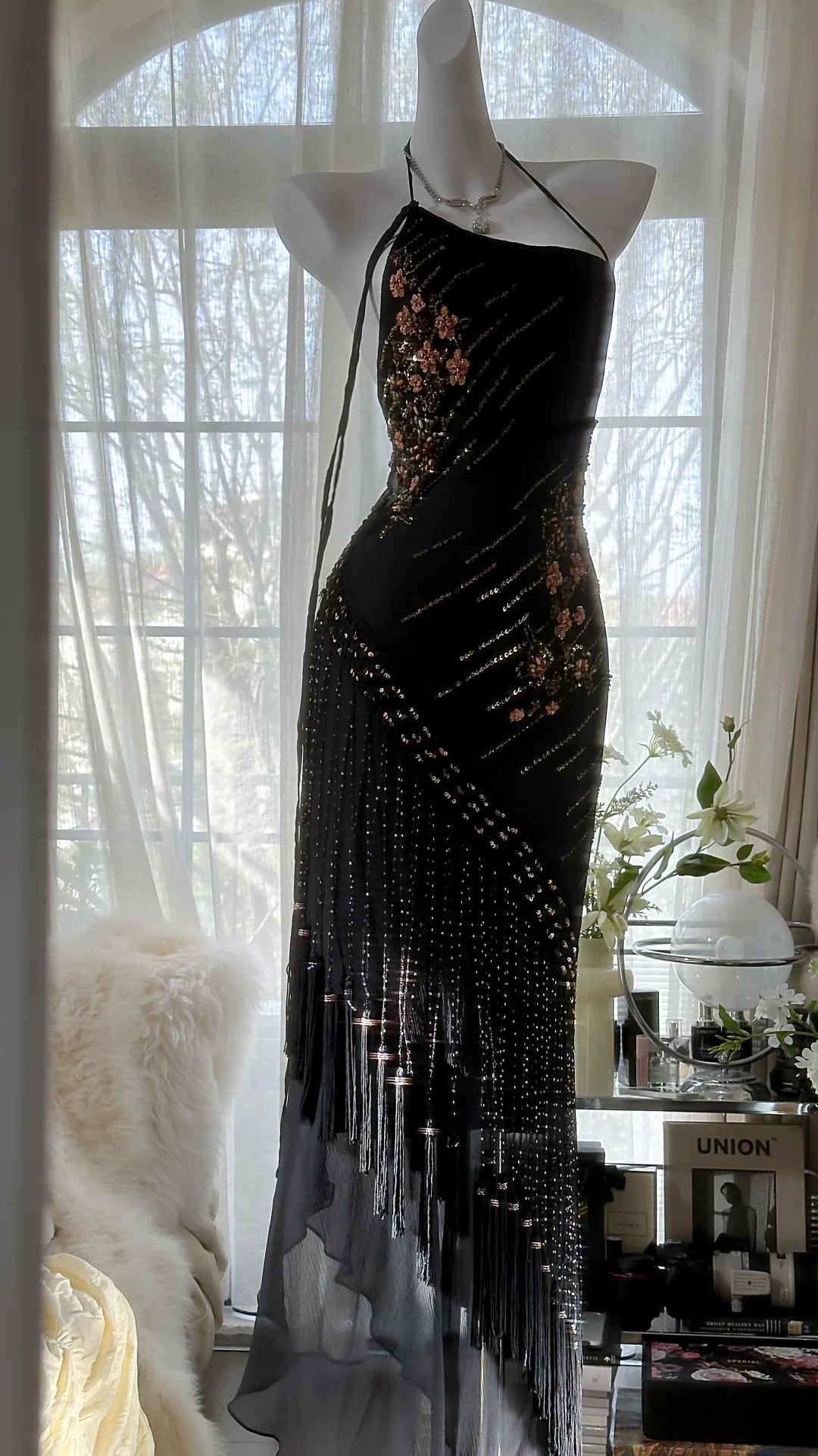 Black Vintage Fashion Delicate Floral Tassel Beaded Long Chiffon Ball Gown Birthday Party Dress Evening Gown Prom Dress gh3972