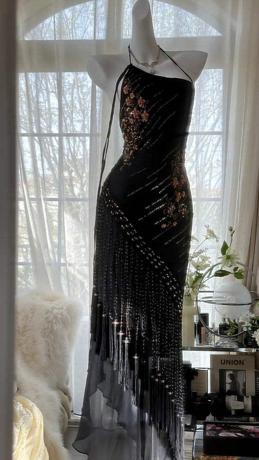 Black Vintage Fashion Delicate Floral Tassel Beaded Long Chiffon Ball Gown Birthday Party Dress Evening Gown Prom Dress gh3972