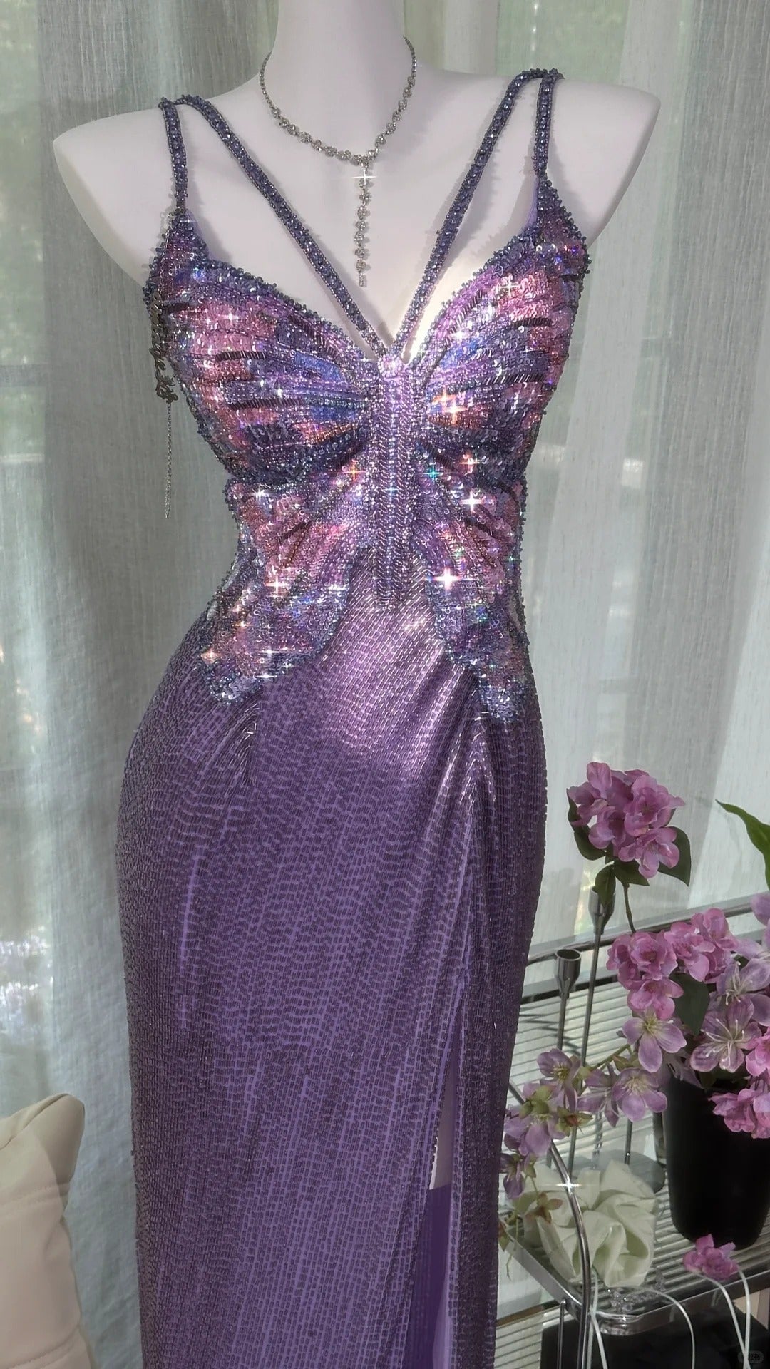 Purple Shiny Gorgeous Luxury Sequin Heavy Spaghetti Strap Long Butterfly Decoration Sequin Chiffon Ball Gown Evening Gown Party Dress gh4175