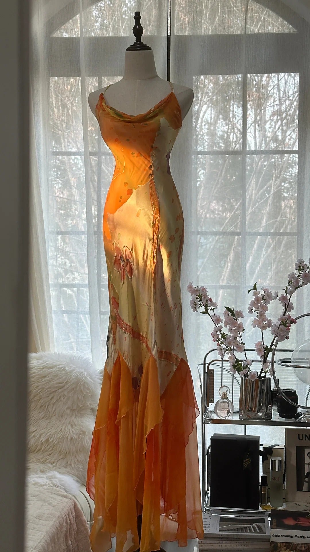 Orange Delicate Floral Spaghetti Strap Long Satin Chiffon Ball Gown Evening Dress Party Dress gh4093