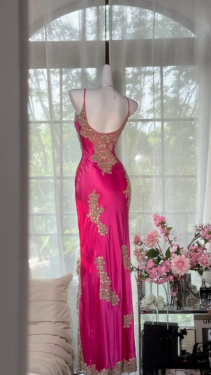 Pink floral ball gown long satin date dress evening dress birthday dress wedding dress gh4533