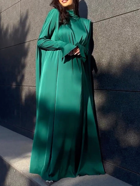 loveedsTM- Flared Sleeves Long Sleeves Solid Color High-Neck Maxi Dresses