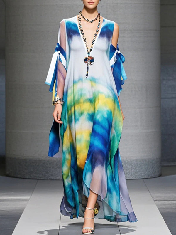 Tie-dye Print Off-shoulder Style Women's Dress