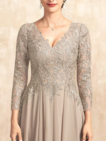 V-Neck Lace Long-Sleeved Solid Color Maxi Dress