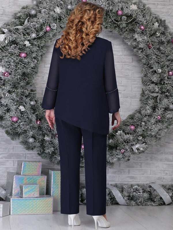 V-Neck Solid Color Hem Irregular Top And Trousers Suit