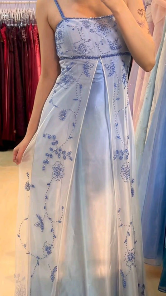 Light purple elegant fashion gradient exquisite beading spaghetti straps long tulle ball gown evening dress party dress prom dress gh3588