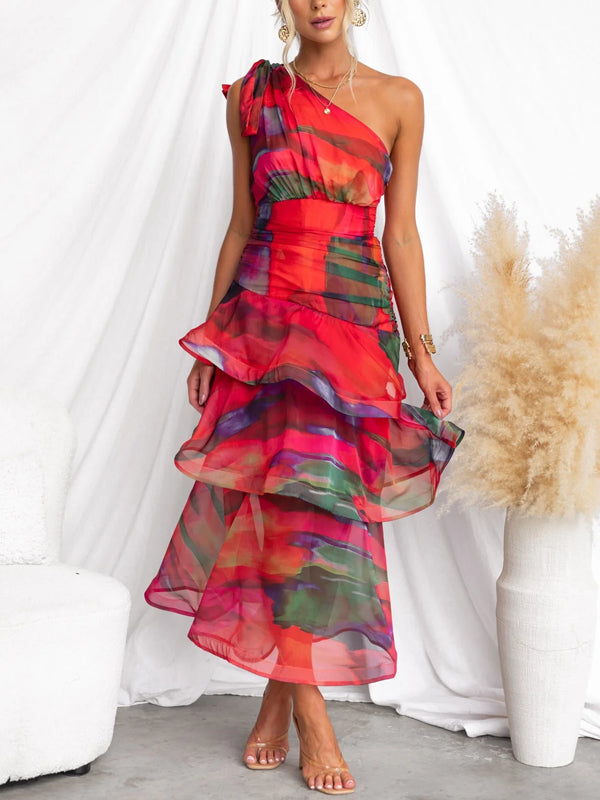 Elegant One-shoulder Chiffon Printed Ladies Dress