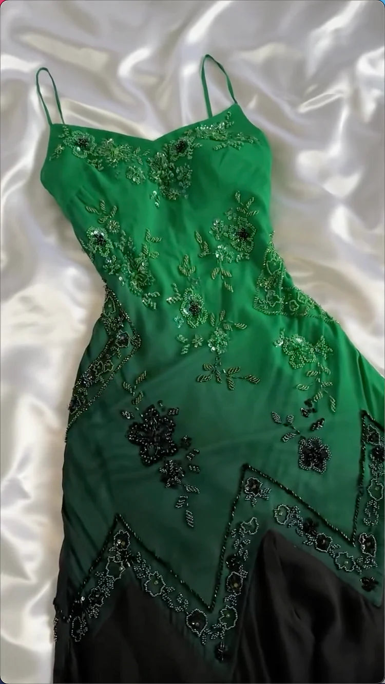 Green Black A Line Spaghetti Strap Beaded Chiffon Prom Dress Evening Dress SH2248