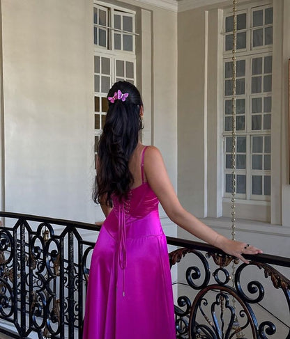 Pink Purple Sexy A-Line Spaghetti Strap Maxi Party Ball Gown Evening Dress gh3021