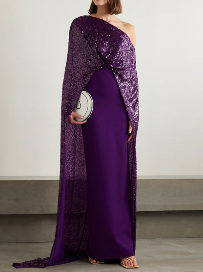 Cape-effect Sequined Georgette and Stretch-crepe Gown